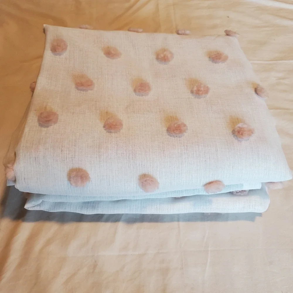 2 Piece Sheer White Valance Set with Blush Pink Tufted Pom Poms Rod Pocket
